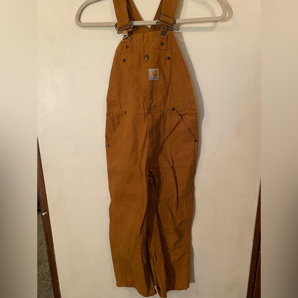 Carhartt Boys Overalls Bibs Youth Size 8 Canvas Double Knee Work Hunting Brown
